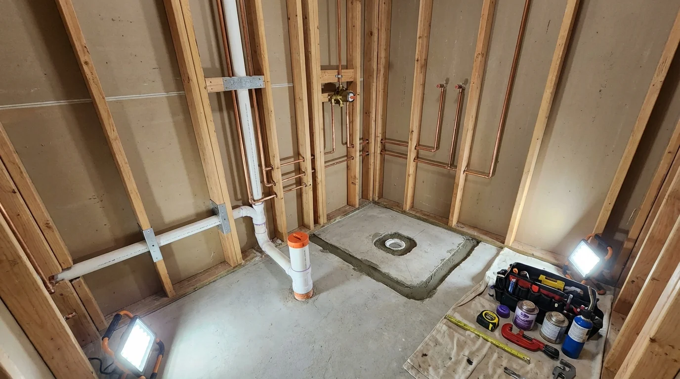 Bathroom rough-in plumbing during remodel by Johns Plumbing LLC in Centreville