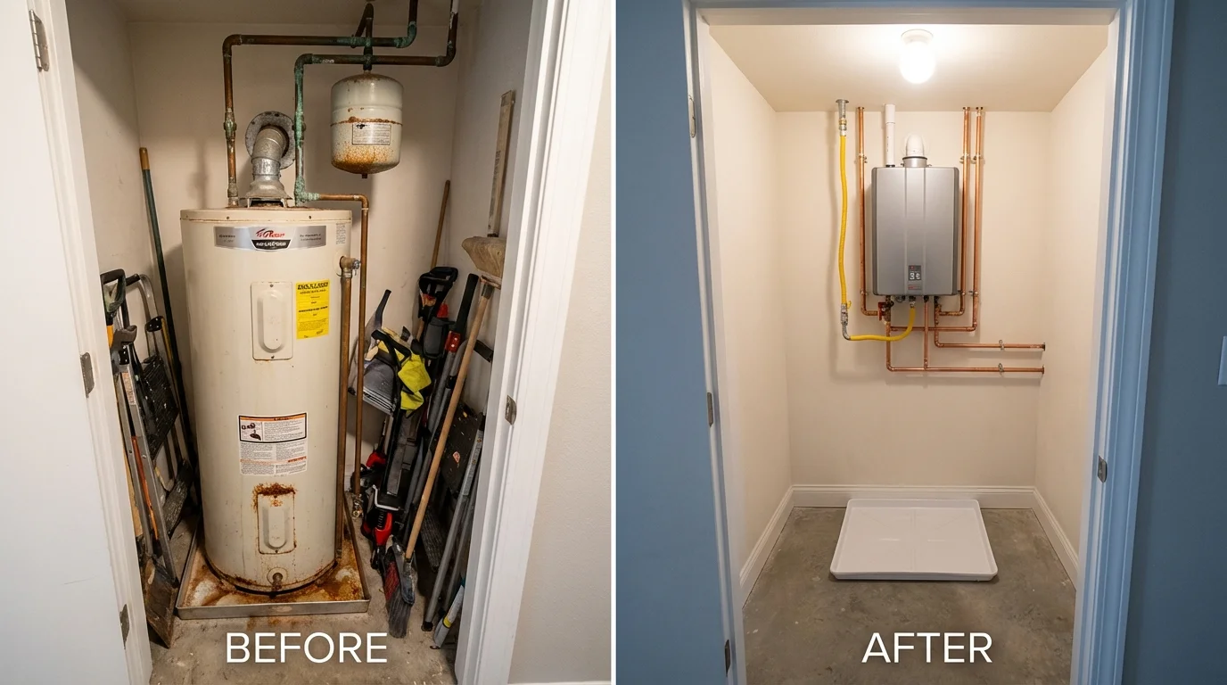Tank water heater versus wall-mounted tankless unit comparison for Centreville, MD homeowners