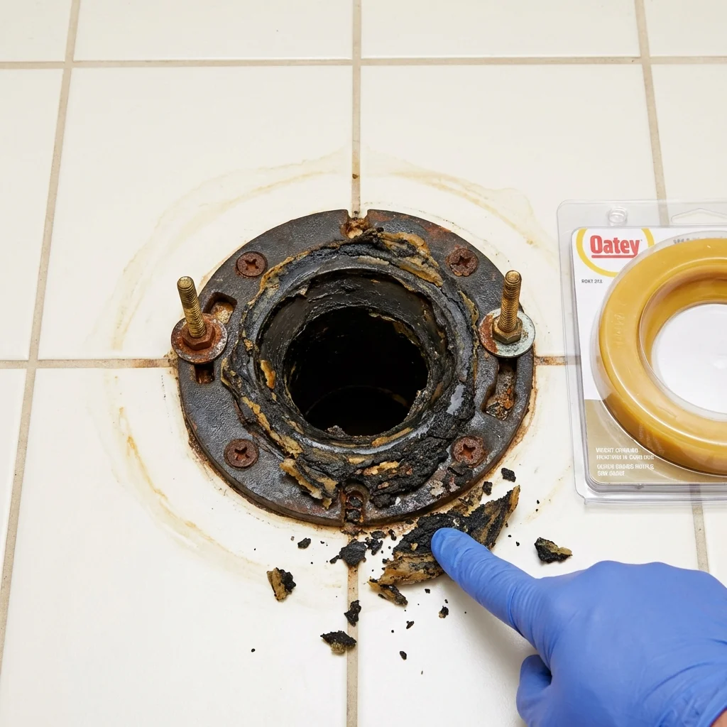 Failed wax ring showing water seepage at the base of a toilet in a Centreville, MD home