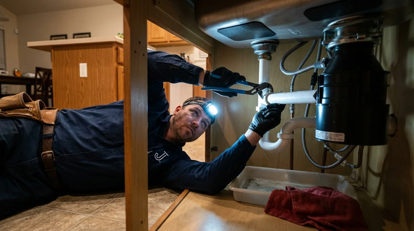 P-trap and supply line connections under a kitchen sink showing a common leak point in Centreville, MD